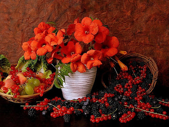 Still life, vase, flowers, fruits, berry HD wallpaper
