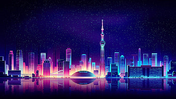 Vaporwave fantasy City Art Starry Neon Art Reflection Digital Art HD wallpaper