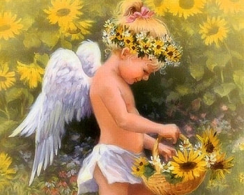 Bliss of Little Angel, wings, attractions in dreams, weird things people wear, paintings, angels, basket, love four seasons, little angel, sunflowers, fantasy, flowers HD wallpaper