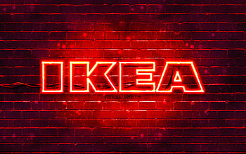 IKEA red logo, , red brickwall, IKEA logo, brands, IKEA neon logo, IKEA HD wallpaper