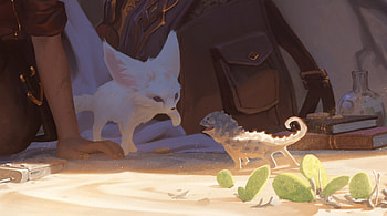 Red desert, art, dao le trong, fantasy, chameleon, desert, fox, daoletrong, dao letrong, vulpe, fennec HD wallpaper