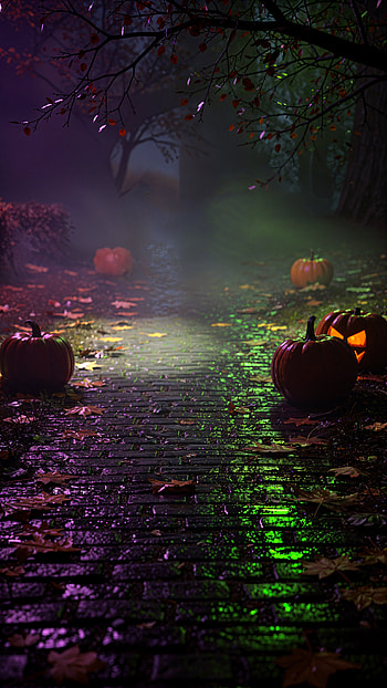 October Midnight: Pumpkin-Lit Path , Jack-o'-lantern, Halloween, Autumn HD phone wallpaper