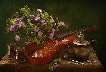 Still Life, colors, beautiful, violin, basket, pretty, petals, glasses, nature, flowers HD wallpaper