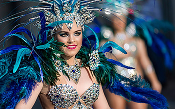 Brasil carnival, blue, jewel, feather, green, girl, vicente concha, woman HD wallpaper