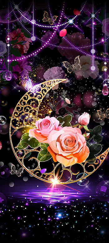 Beauty Moon and Star, Flower, art, pink, Beautiful, Luxury, Night HD phone wallpaper