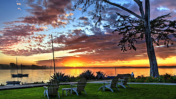 Nature, Sunset, Sky, Boats, Shore, Bank, Evening, View, Chairs, Armchairs HD wallpaper