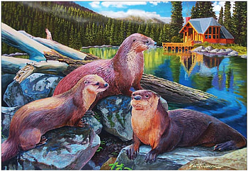 Otters, nature, painting, animals, landscape, cabin, lake HD wallpaper