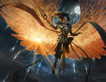 Angel of eternal dawn, wings, moon, fantasy, aurore folny, angel, girl, orange HD wallpaper