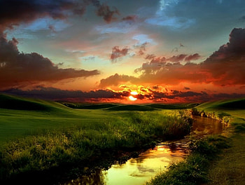Sunset, river, landscape, clouds, grass HD wallpaper