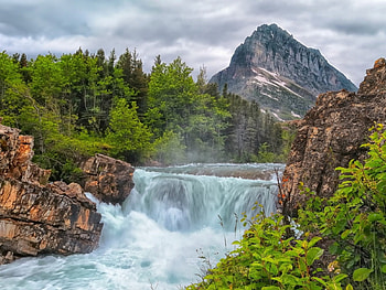 Mountain Falls, clouds, trees, waterfall, nature, mountains, forest HD wallpaper