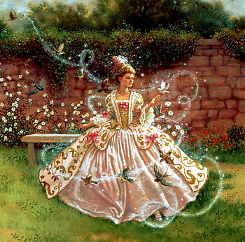 Baroque Princess, artwork, bench, painting, garde, wall, flowers, girl HD wallpaper