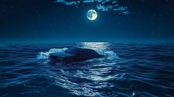 Car floating in a bright ocean night, night, moon, car, ocean HD wallpaper