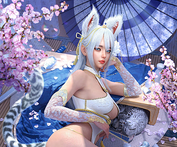 Cats, blue, white, yuan yuan, fantasy, parasol, girl, cat, pink sakura HD wallpaper