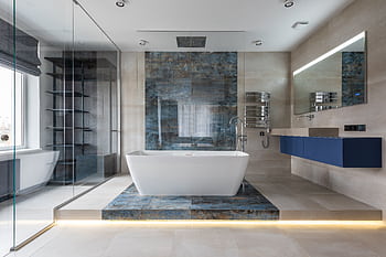 Elegant bathroom featuring a ceramic standing tub and contemporary design elements. HD wallpaper