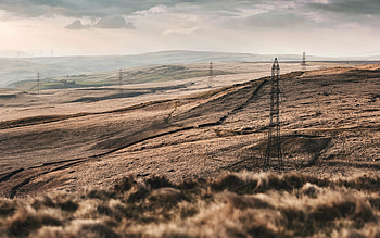 power lines, power transmission lines, evening, sunset, transportation of electricity, electricity concepts, wind farms, electricity production HD wallpaper