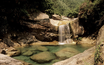 Secret Waterfall, trees, waterfall, rock, pond HD wallpaper