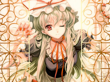 anime girl, gates, green hair, winking, orange HD wallpaper