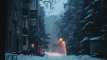 Winter Aesthetic — Snowlit Twilight Alley, Street Light, Pine Tree HD wallpaper