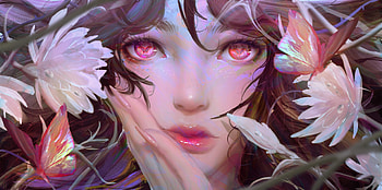 Gaze, alayne, frumusete, art, gorgeous, eyes, girl, amethyst eyes, superb, pink, butterfly, fantasy, flower, luminos HD wallpaper