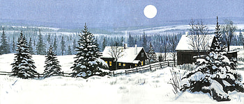 Moonlit Snow - Panorama F1, winter, architecture, art, landscape, farm, beautiful, artwork, scenery, wide screen, painting, snow HD wallpaper