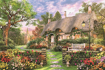 Sunny Cottage, bench, painting, cat, flowers, cottage, church, thatch, vintage HD wallpaper