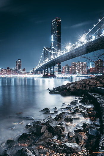 Cities, Stones, Shore, Bank, Night City, City Lights, Bridge HD phone wallpaper