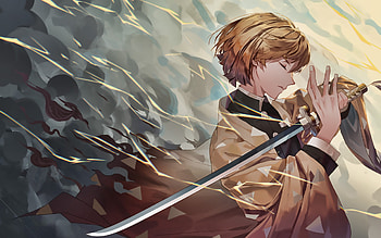 Zenitsu Agatsuma, smoke, Demon Hunter, artwork, Kimetsu no Yaiba, samurai, Agatsuma Zenitsu, Demon Slayer, manga HD wallpaper