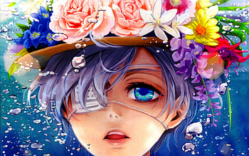 BLUE EYE BEAUTY, Kuroshitsuji, art, ciel phantomhive, rose, patch, anime, black butler, underwater, flowers, bubbles, guy, hat HD wallpaper