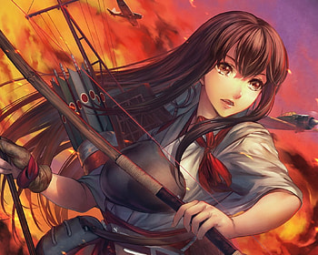 Battle Field, emotional, arrow and bow, long hair, , kantai collection, arrow, warrior, female, bow, girl, dark, armor, war, anime girl, anime, kantai, serious, battle, plane, brown hair, akagi HD wallpaper