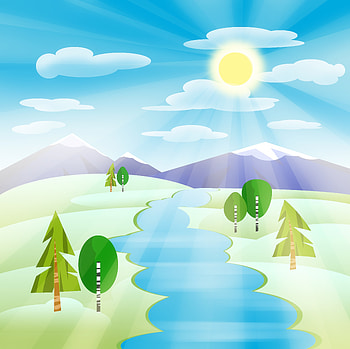 River, mountains, landscape, digital art HD wallpaper