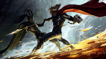 Preview thor, fan art, battle, hammer, cloak HD wallpaper