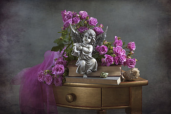 Still life with angel, rose, still life, pink, flower, figurine, angel HD wallpaper