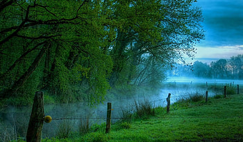 Silent River, blue, river, silent, green trees HD wallpaper