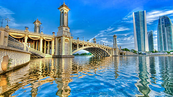 beautiful stylish bridge r, river, skyscrapers, ripples, bridge, r HD wallpaper