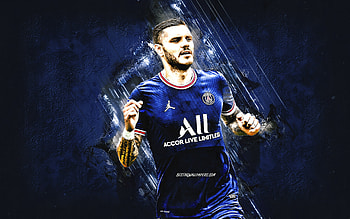 Mauro Icardi, PSG, Argentine soccer player, blue stone background, Paris Saint-Germain, football, grunge art, Ligue 1, France HD wallpaper