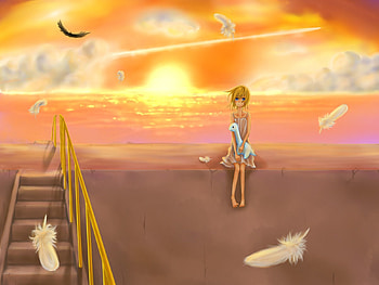 Anime, Sunset, Feather, Girl HD wallpaper