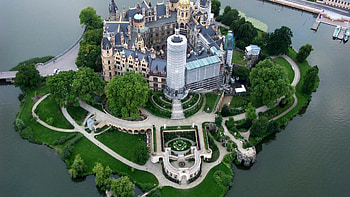 magnificent scherwin castle island in germany, island, trees, grass, castle, towers HD wallpaper
