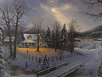 Holiday Homecoming, winter, artwork, painting, snow, christmas, fence, trees, sky, cottage, evening HD wallpaper