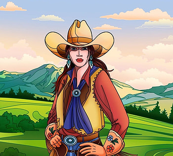Cowgirl, art, fantasy, yellow, red, harsh taggar, girl, hat HD wallpaper