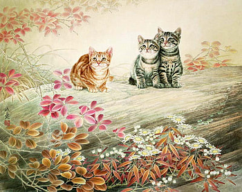 Kittens in the garden, animal, kitten, flower, drawing, garden, cat HD wallpaper