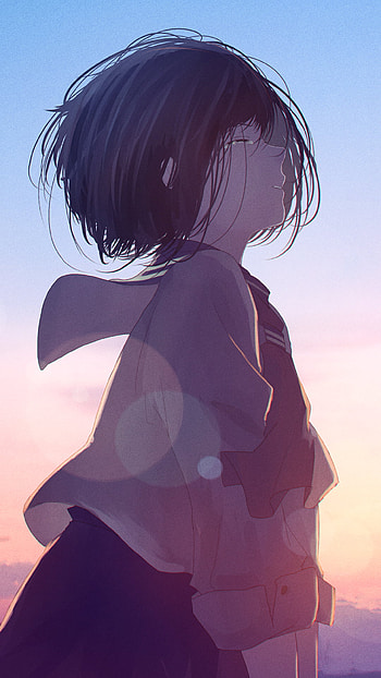 tears, black hair, short hair, Anime, Original, anime sunset HD phone wallpaper