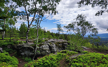 Table mountains, Lower Silesia, Poland, trees, sky, rocks, forest, clouds HD wallpaper