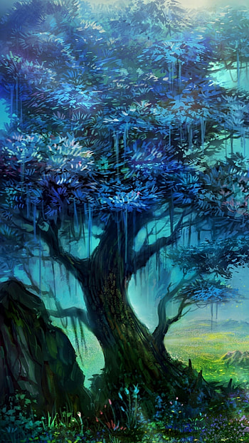 Sanctuary of the Blue Tree — Fantasy , building, tree, temple, fantasy, landscape, fantasy landscape HD phone wallpaper
