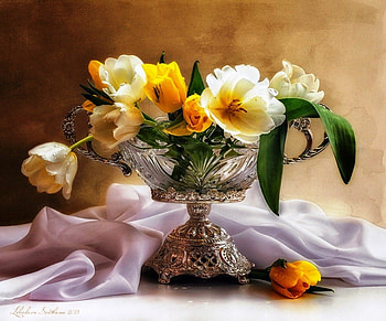 Tulips in vase, graphy, art, floral, soft, vase, colors, tulips, arrangement, spring, beauty, delicate, abstract, petals, artist, nature, flowers HD wallpaper