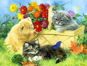 Basket of love for Carmen, basket, grey, butterfly, black and white, flowers, gold, kittens HD wallpaper