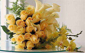floral composition, flowers, roses, orchids, calla lilies HD wallpaper