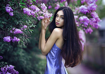Beauty, blue, pink, model, flower, girl, woman HD wallpaper