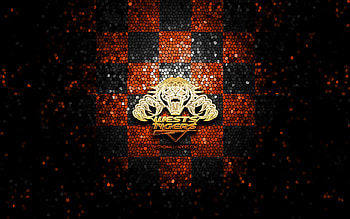 Wests Tigers, glitter logo, NRL, orange black checkered background, rugby, australian rugby club, Wests Tigers logo, mosaic art, National Rugby League HD wallpaper