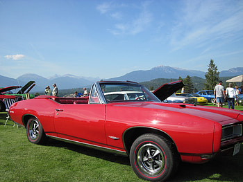 1969 Pontiac GTO muscle car, Pontiac, graphy, black, green, red, trees, tires, mountains HD wallpaper