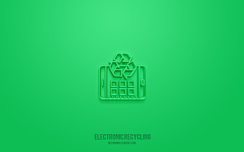 Electronic recycling 3d icon, green background, 3d symbols, Electronic recycling, ecology icons, 3d icons, Electronic recycling sign, ecology 3d icons HD wallpaper